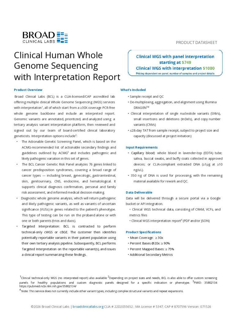 Clinical Whole Genome Sequencing Product Data Sheet - With Interpretation